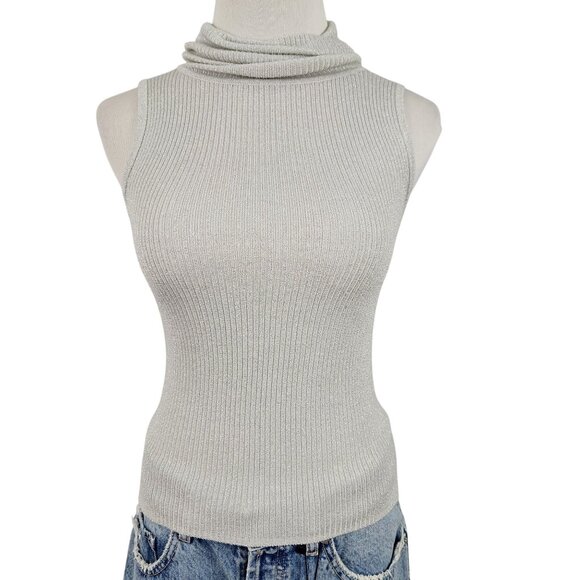 It's Our Time Sweater Women's Small Sleeveless Turtleneck Ribbed Sparkle Silver - Picture 1 of 11